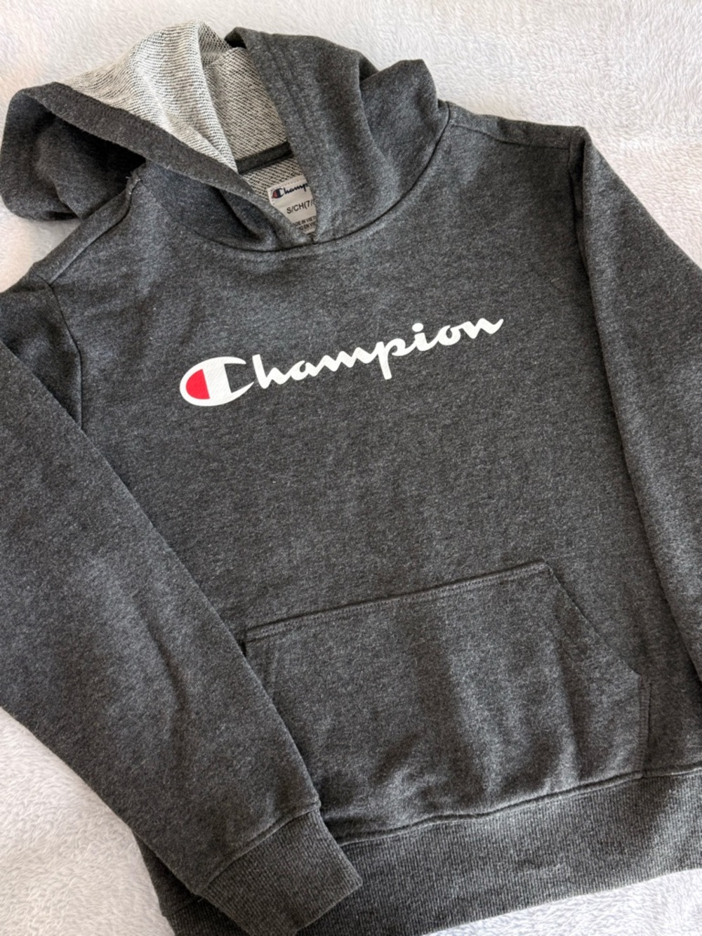 Champion Charcoal Hoodie with White Script and Red Accent